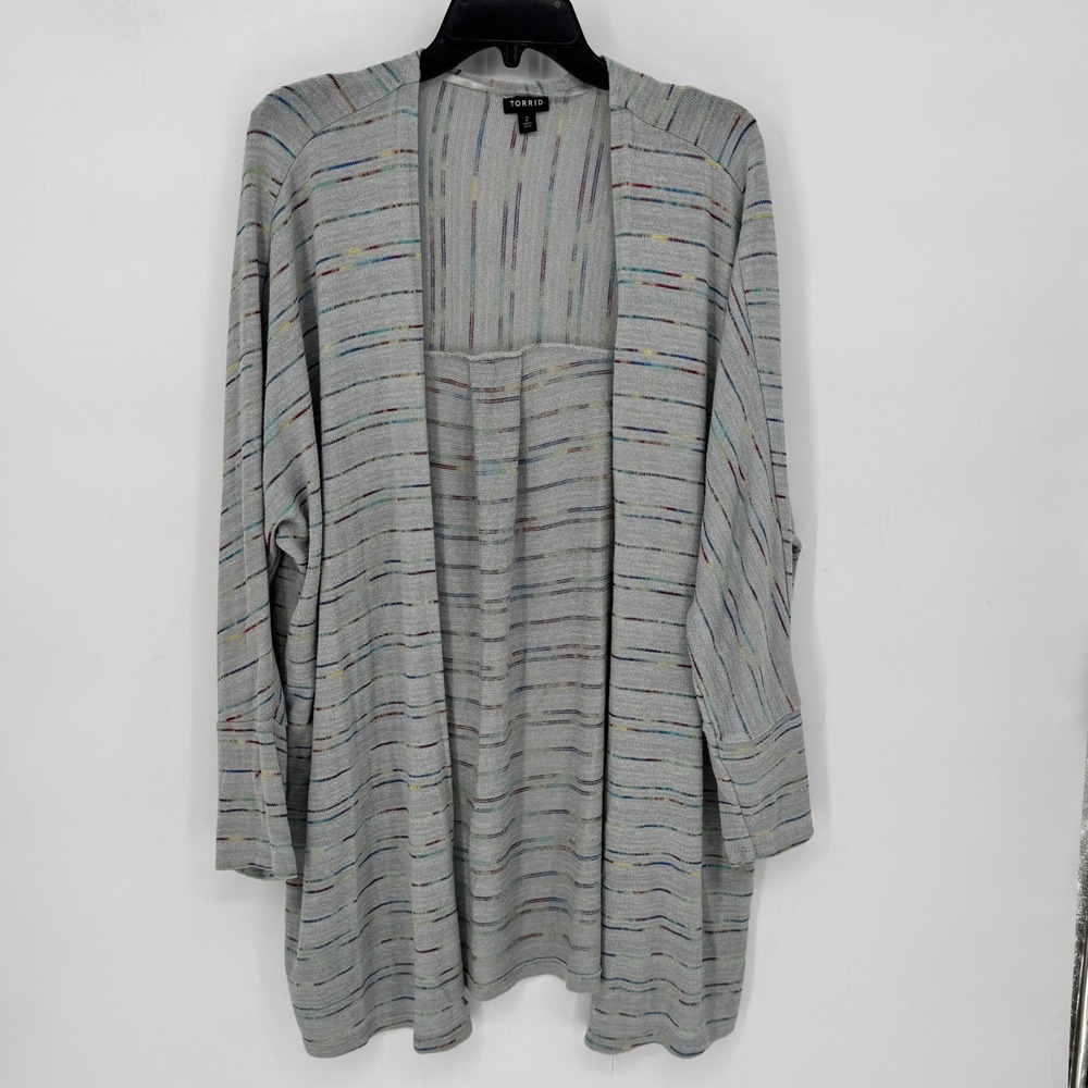 Torrid Womens Plus Size 2 Gray Multi Color Stripe Open Front Cardigan Pleat Back